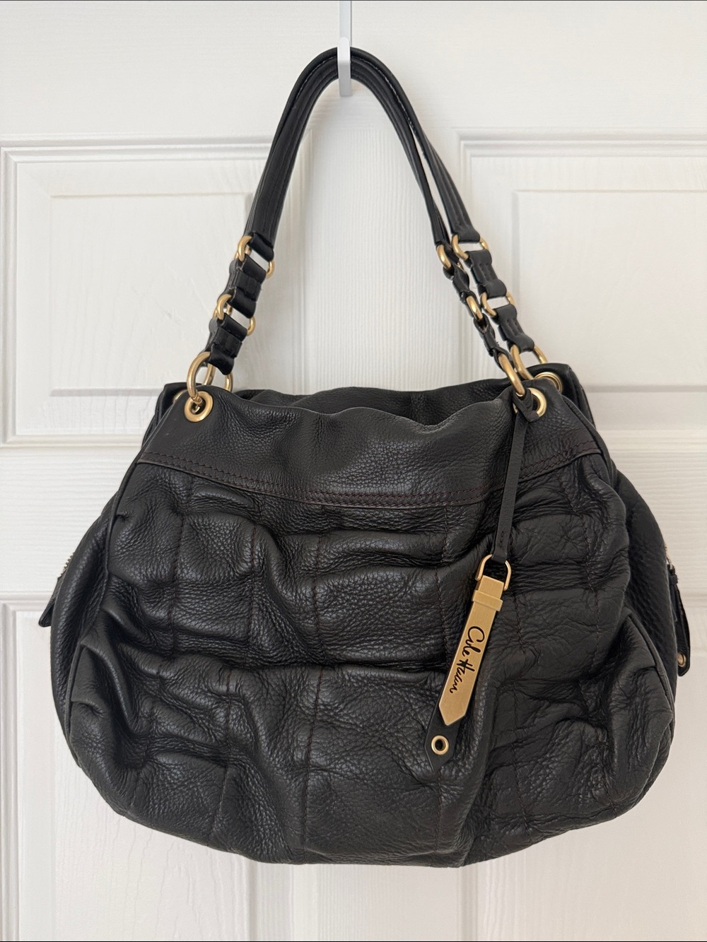 Cole Haan Black Pebbled Leather Shoulder Bag with Gold/Brass tone Hardware